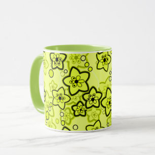 Caneca Amarelo com padrão floral neon brilhante preto