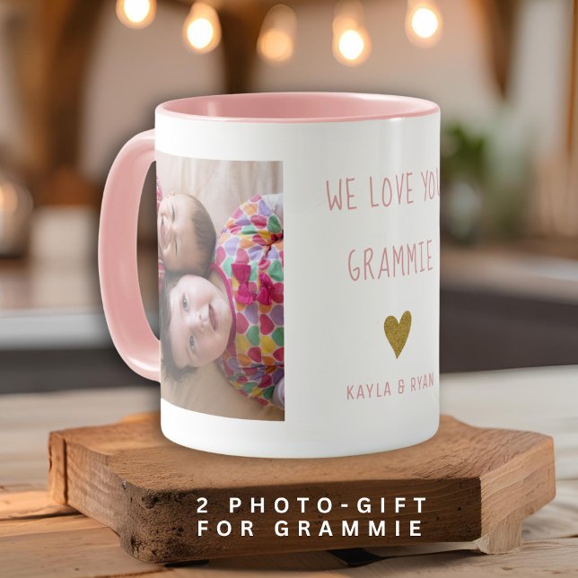 Caneca Amo-Te Grammie 2 Fotocolagem Colagem Vovó Rosa (We Love You Grammie 2 Photo Collage Grandma Pink Mug)