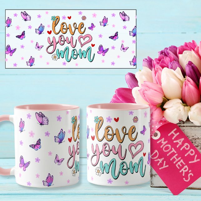 Caneca Amo-te mãe a escrever borboletas coloridas (Love you mom lettering colorfull butterflies mug)