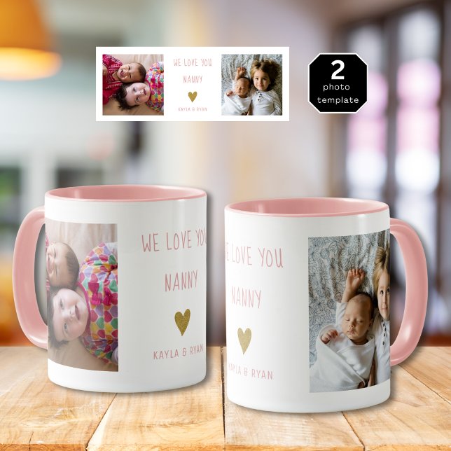 Caneca Amo-Te Nanny 2 Fotografia Colagem Vovó Rosa (We Love You Nanny 2 Photo Collage Grandma Pink Mug
)
