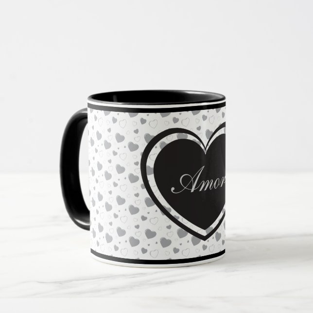 Caneca Amor Cinza brilhante corações românticos fofos (Frente Esquerda)