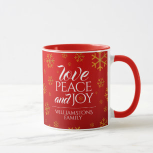 Caneca Amor, paz, e alegria vermelhos festivos com flocos