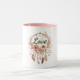 Caneca Amor Rosa Boho Penas Florais Sonho Catcher