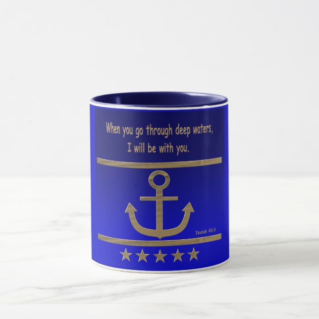 Caneca Âncora Dourada, símbolos do amor ,Isaías 43:2 (Centro)