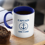Caneca Ancoragem do Mar Azul Capitão Adicionar Nome ou No<br><div class="desc">Marinho Blue Sea Anchor Capitão Adicionar Nome ou Nome do Barco Coffee Mug - Azul e Branco</div>