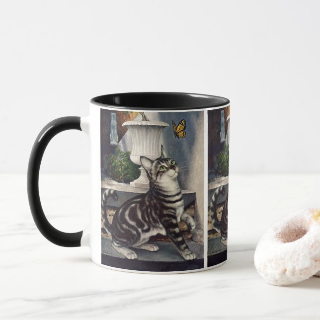 Caneca Animais Antigos, Gato Tabby Fofo e Borboleta (Com Donut)