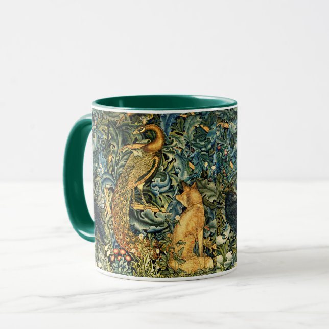 Caneca ANIMAIS FLORESTAIS,RAVEN,FOX,PEACOCK Blue Green Fl (Frente Esquerda)