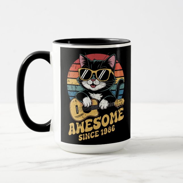 Caneca Aniversário de 1986 Retro Gato Amante Ukulele 40º  (Esquerda)