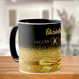 Caneca aniversário de 90 anos dourado preto clássico eleg