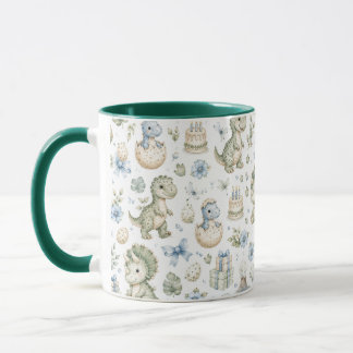 Caneca Aniversário de Dinossauro em Azul Verde Pastel com