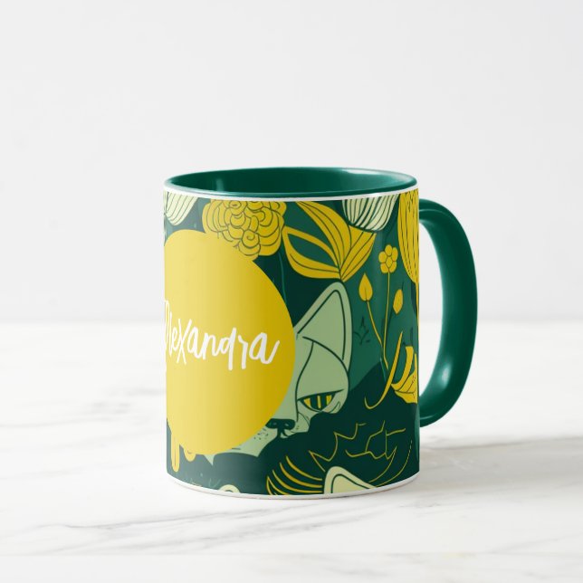 Caneca Aniversário do Prato de Gato Verde e Amarelo Perso (Frente Esquerda)