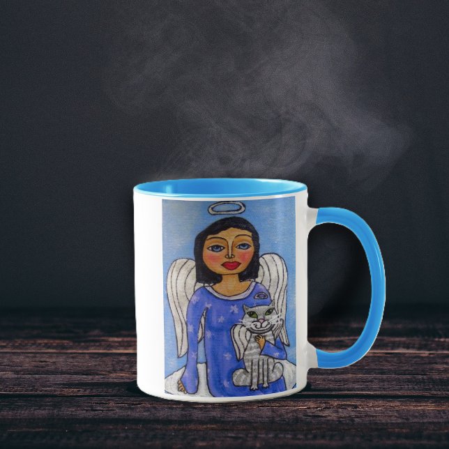 Caneca Anjo do Anjo de Arte Folclórica na Nuvem (Blue Eyed Angel white wings holding white angel cat sitting on cloud in blue sky coffee or tea mug.)