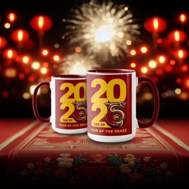 Caneca Ano Dourado Vermelho do Cobra de 2025 (CNY 2025 15oz Two-Tone Mugs Fireworks Lanterns Cover Photo)