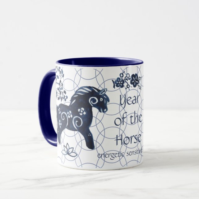 Caneca Ano Novo Chinês do Zodíaco Azul Cavalo (Frente Esquerda)