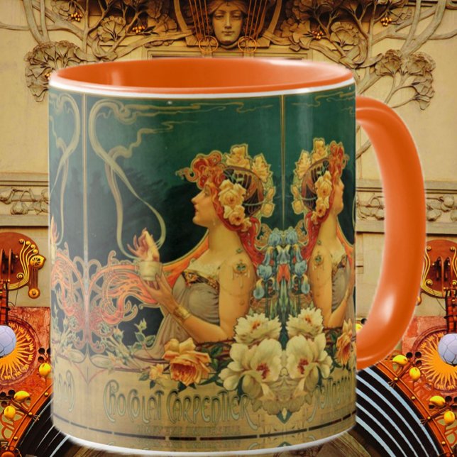 Caneca Anúncio de chocolate quente Art nouveau verde verm (Criador carregado)