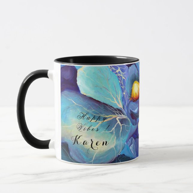 Caneca Aqua Floral de Cores Aquáticas e Blues, pintados à (Esquerda)