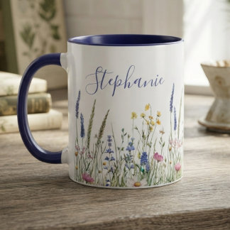 Caneca Aquarela Botânica de Flor Silvestre Azul