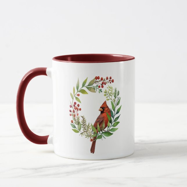 Caneca Aquarela Coroa de Natal com Pássaro Cardinal Verme (Esquerda)