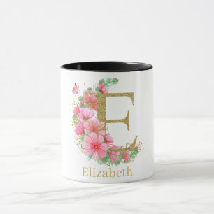 Caneca Aquarela Dourada e Monograma Floral Letra E
