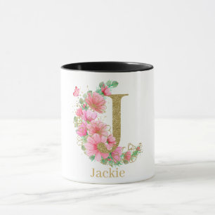 Caneca Aquarela Dourada e Monograma Floral Letra J