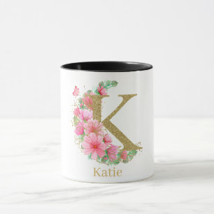 Caneca Aquarela Dourada e Monograma Floral Letra K