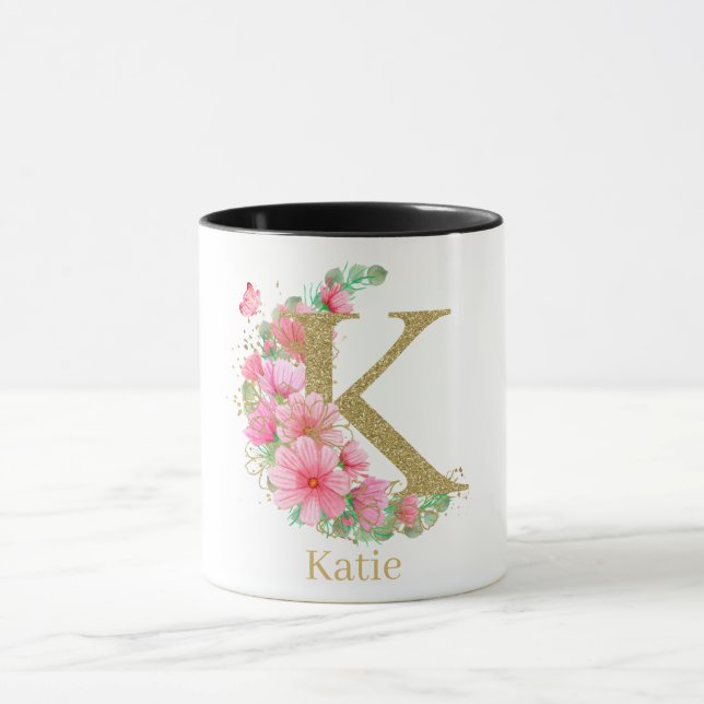 Caneca Aquarela Dourada e Monograma Floral Letra K (Centro)