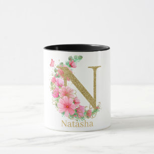 Caneca Aquarela Dourada e Monograma Floral Letra N