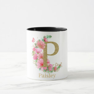 Caneca Aquarela Dourada e Monograma Floral Letra P