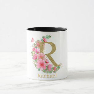 Caneca Aquarela Dourada e Monograma Floral Letra R