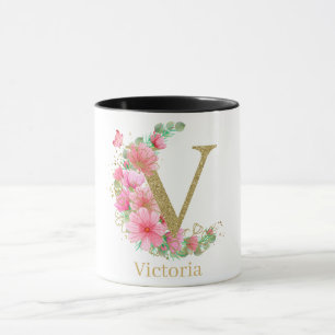 Caneca Aquarela Dourada e Monograma Floral Letra V