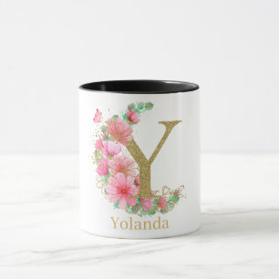 Caneca Aquarela Dourada e Monograma Floral Letra Y