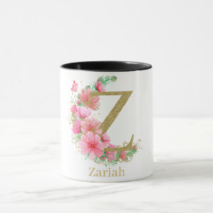Caneca Aquarela Dourado e Monograma Floral Letra Z