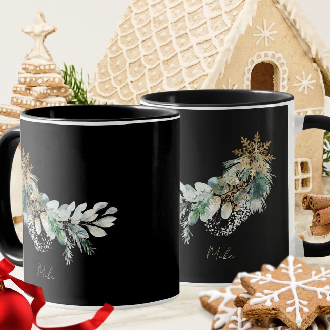Caneca Aquarela Folhas Modernas Script Feliz Natal (Criador carregado)