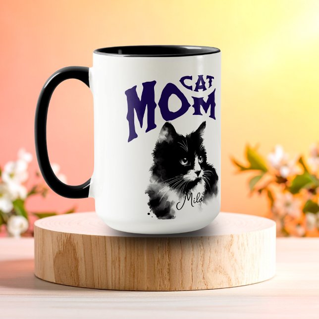 Caneca Aquarela GATA MÃE Preta Personalizar (Watercolor cat with SCRIPT Writing to add your personal cats name.)