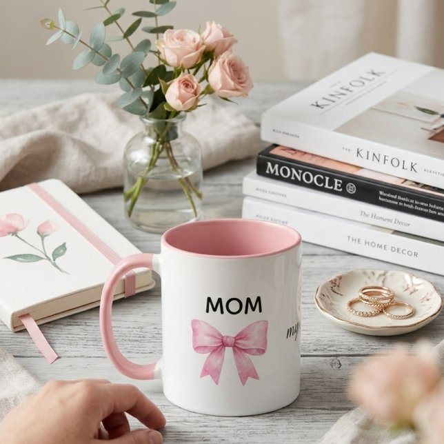 Caneca aquarela, laço rosa presente dia das mães, amor (Criador carregado)