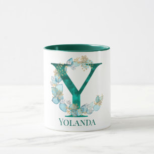 Caneca Aquarela Letra Y Monograma em Azul Verde e Dourado