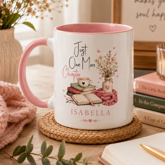Caneca Aquarela Mais Um Capítulo Floral Leitor  ( just one more chapter book lover reading bookworm literary funny bookish bibliophile cute pink)