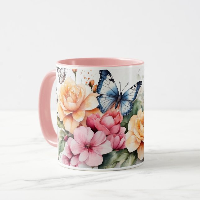 Caneca Aquarela Romântica Flor de Borboleta Rosa (Frente Esquerda)