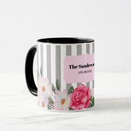 Caneca Aquarela Rosas Brancas Rosa Suave Listras Cinzas