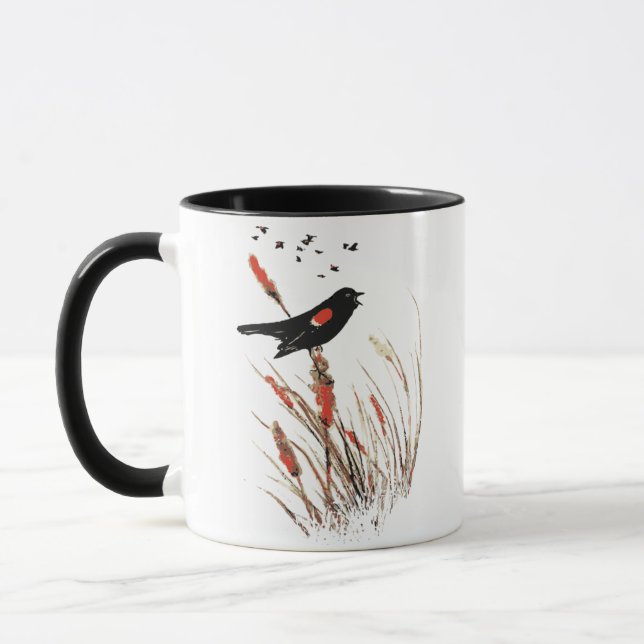 Caneca Aquarela Vermelha com asas negras com aves negras (Esquerda)