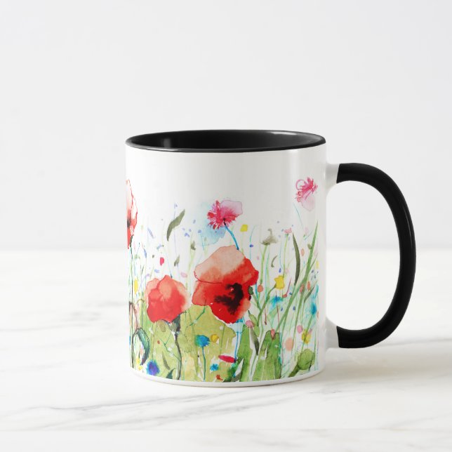 Caneca Aquarelas Coloridas Flores e Poppias Vermelhas (Direita)