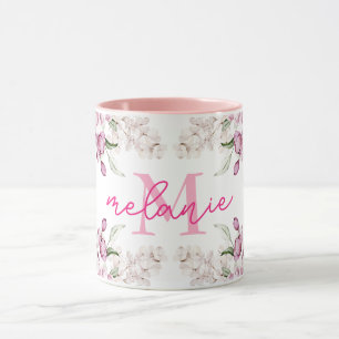 Caneca Aquarelas Peony Flor Pink Pink Nome Monograma