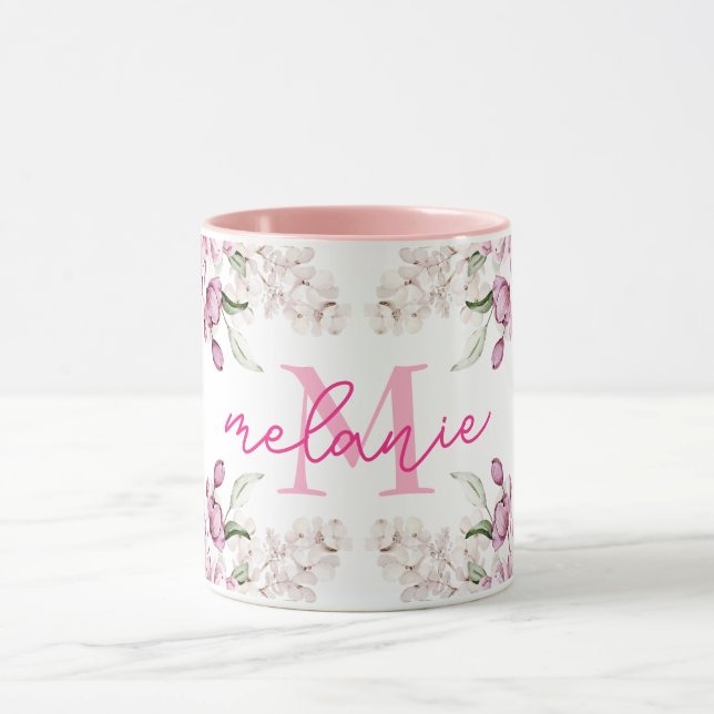 Caneca Aquarelas Peony Flor Pink Pink Nome Monograma (Centro)