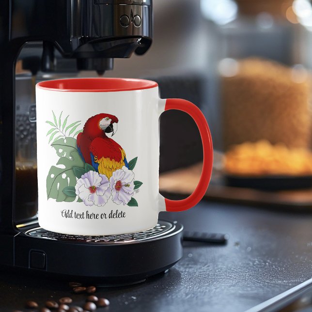 Caneca Arara Vermelha Papagaio Tropical Hibisco Branco Fl (Criador carregado)