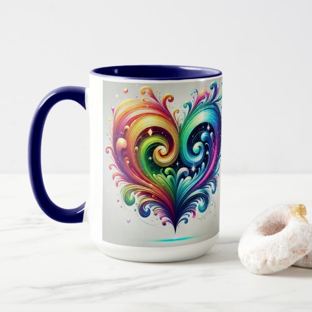 Caneca Arco-Íris Coração Invertendo Cores Brilhantes (Com Donut)