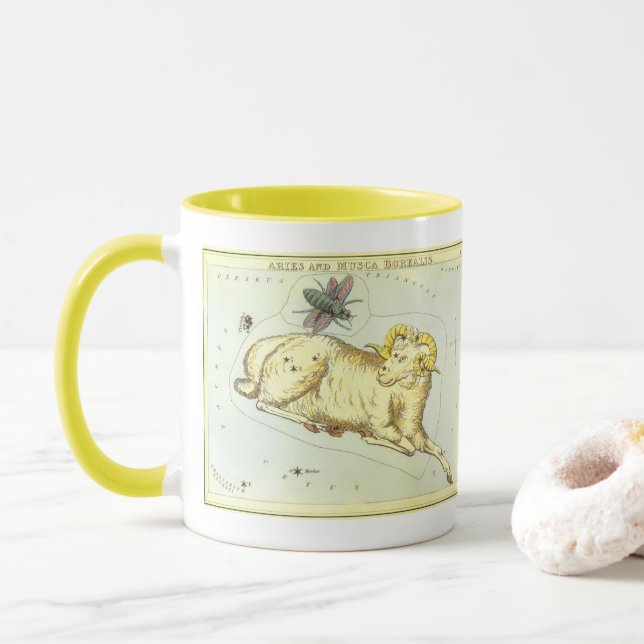 Caneca Áries Carneiro, Constelação Vintage, Espelho de Ur (Com Donut)