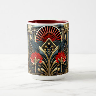 Caneca Art Deco Black Red Dourado Abstrato