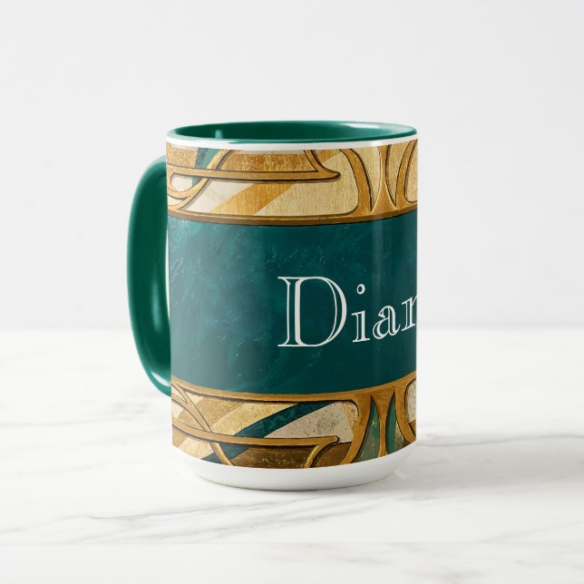 Caneca Art Deco Green and Gold Stripes Personalized (Frente Esquerda)