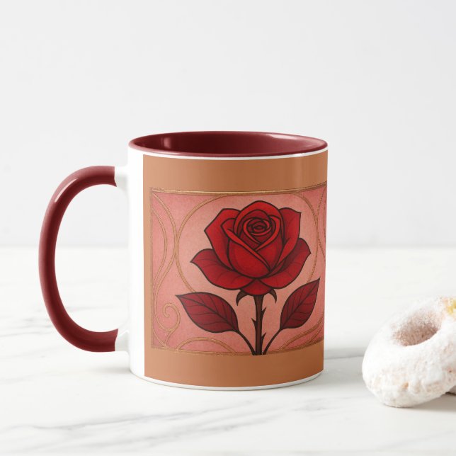 Caneca Art Deco Red Rose Maroon Combo Mug (Com Donut)