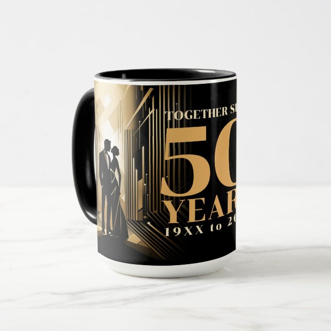 Caneca Art Deco Retro Negra e Dourado Aniversário de Casa (Frente Esquerda)